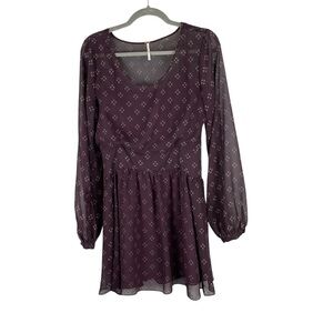 Free People Purple Long Sleeve Mini Dress M Sheer Boho Fit & Flare